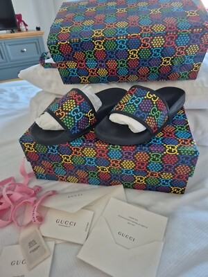 Gucci Psychedelic Sliders Multicolor Größe UK 9 Top Zustand, Tasche, Karton 