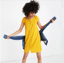 Madewell Texture & Thread Mustard Yellow Button Front Shift Dress Cap Sleeves L