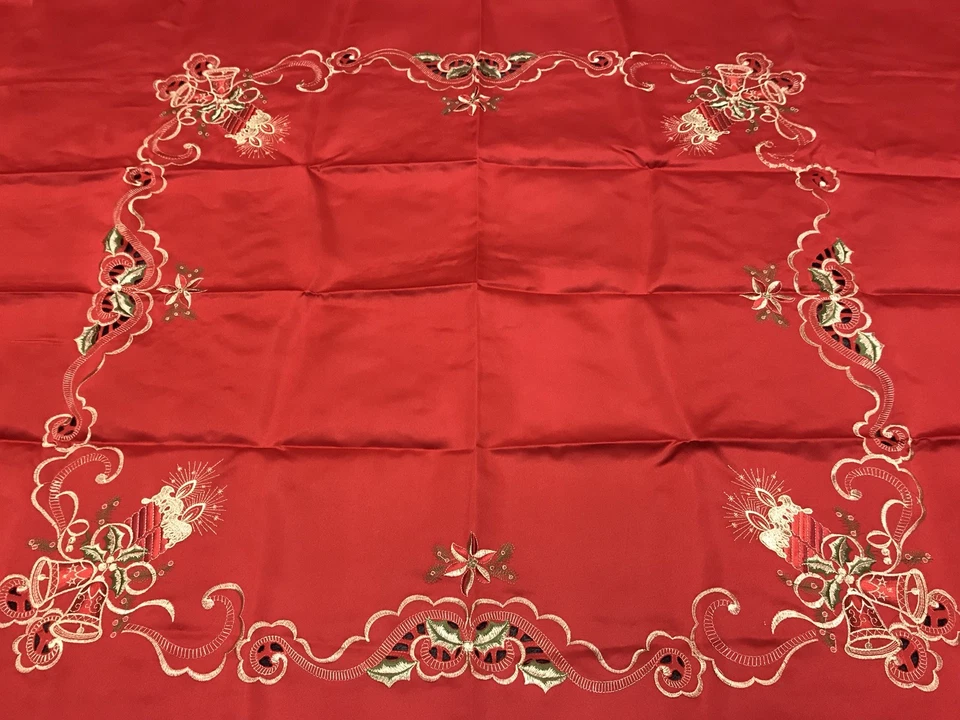 88" Square Red Christmas Holiday Candle Embroidery Tablecloth Elegantlinen - Image 4 of 4