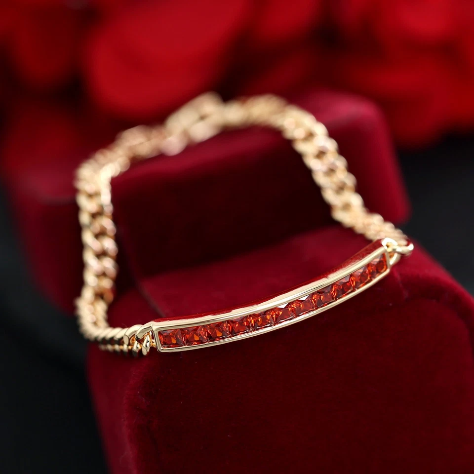 9K ROSE GOLD GF RED GARNET PRINCESS SQUARE ID CURB CHAIN GIFT BANGLE BRACELET Foto 4 de 4