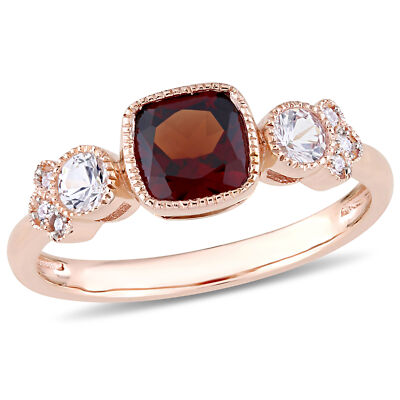 Amour Ring 10 Karat Rotgold Granat weißer Saphir und Diamant 3 Steine