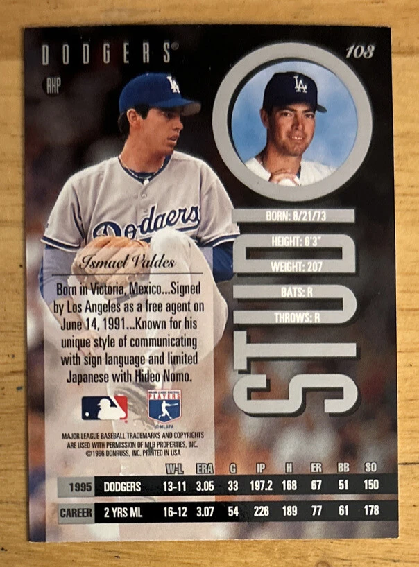 Tarjeta de béisbol 1996 Donruss Leaf Studio Ismael Valdés #103 Dodgers en muy buena condición Foto 2 de 2