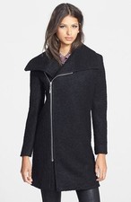 Woman's Black Glamorous Asymmetrical Zip Wool Coat Size Medium B8003