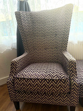 High Back Upholstered Accent Chair, Grey & White Patterned Fabric