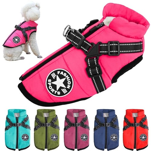 Dog Coat Waterproof With Harness Jacket Raincoat Winter Zip Coats Pet Hole Warm