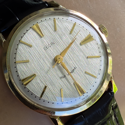 Vintage ELGIN men's automatic watch Linen dial 10K RGP swiss 1950s
