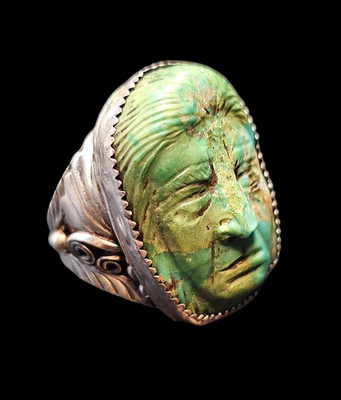 Vintage Francisco Gomez Hand Carved Turquoise Face Ring Sterling Silver Size 16