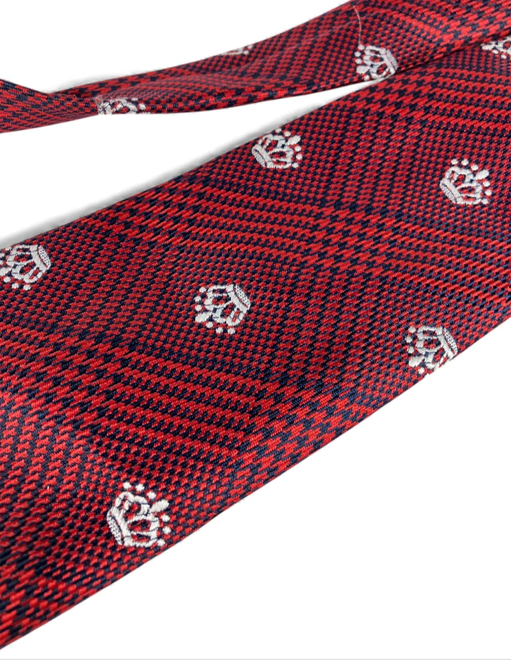 CORBATA DE CUELLO PARA HOMBRE DAMON de colección roja/azul marino pata de gallo a cuadros coronas bordadas rey Foto 4 de 4