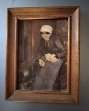 Kleines altes Bild Spinnerin im Holzrahmen Fritz Mackensen Worpswede