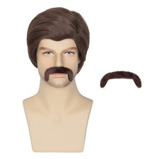 Miss U Hair Men Short Brown Wavy 70s 80s Costume Party Wig Mustache