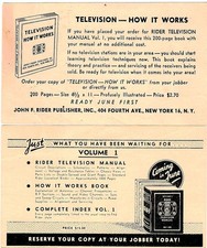 3 1946-48 Radio Television Manuals Advertising Postcards RCA Rider Publishers