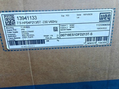 NEW WEG 7.5hp 1ph 1740 rpm 230v Single Phase 213/5T (5.5 KW) TEFC foot mount