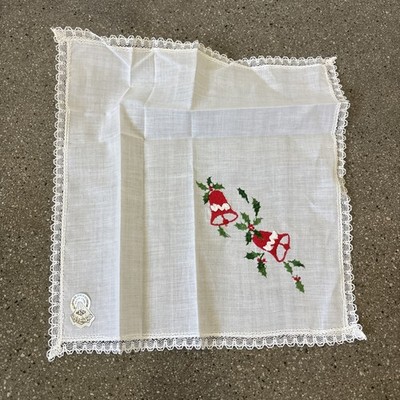 VINTAGE RED & GREEN EMBROIDERY CHRISTMAS BELLS & HOLLY LADIES' HANKIE Desco NWT