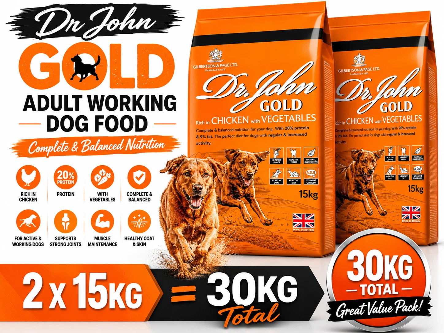 Dr John Gold Adult Working Dog Food 2 x15KG (30KG) with FREE DELIVERY
