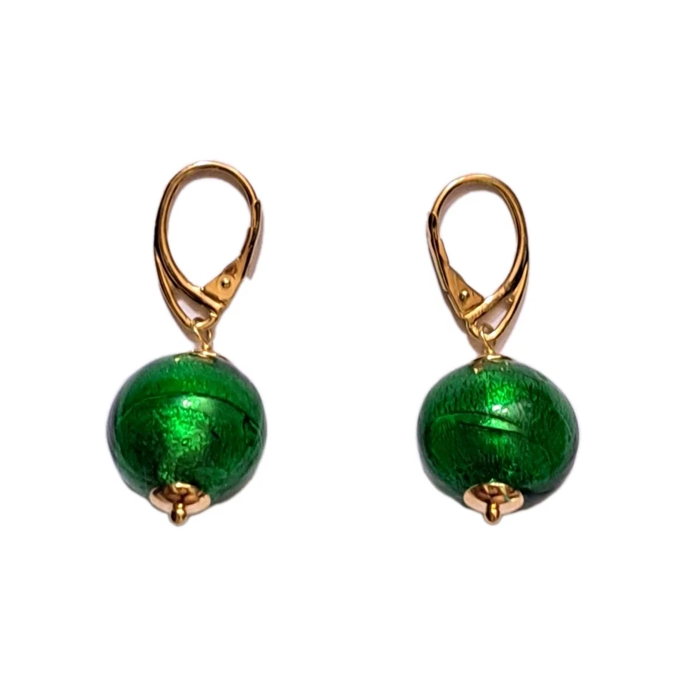 Pendientes colgantes Italia cristal verde Murano oro 18k sobre plata de ley 925 1,5" Foto 2 de 4