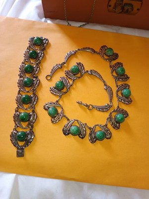 Art Nouveau Statement Sterling Silver Green Onyx Necklace and Bracelet Set.