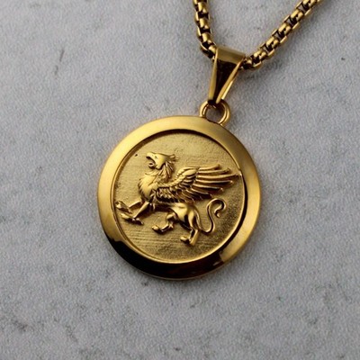Gold Griffin Pendant Chain Necklace Box Chain Stainless Steel