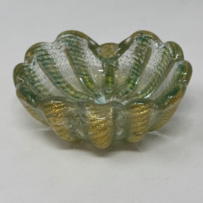 MCM Barovier and Toso Murano Green Gold Flecks Italian Art Glass Scalloped Bowl