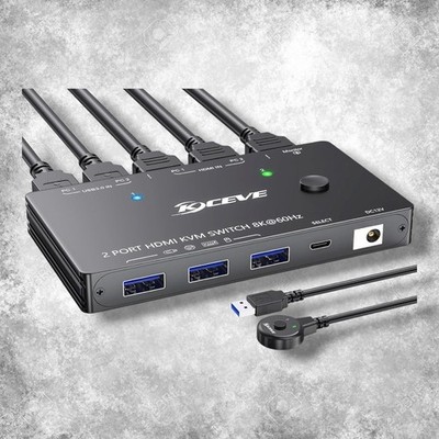 KVM Switch 1 Monitors 2 Computers 4K@144Hz 8K@60Hz, HDMI USB 3.0