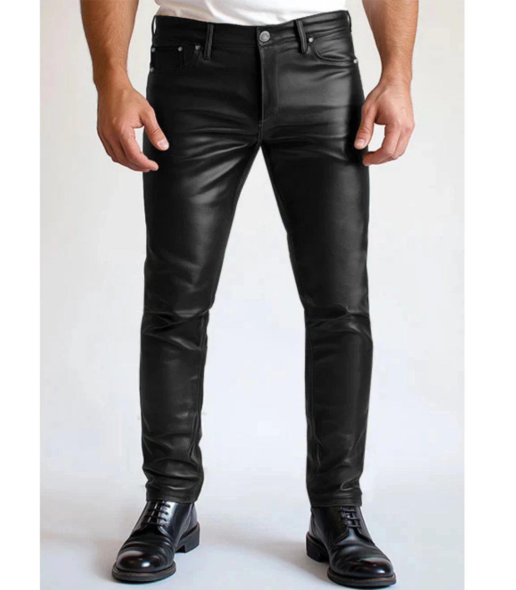 Authentic Luxury Men's Black Genuine Lambskin Real Lambskin Causal Leather Pant