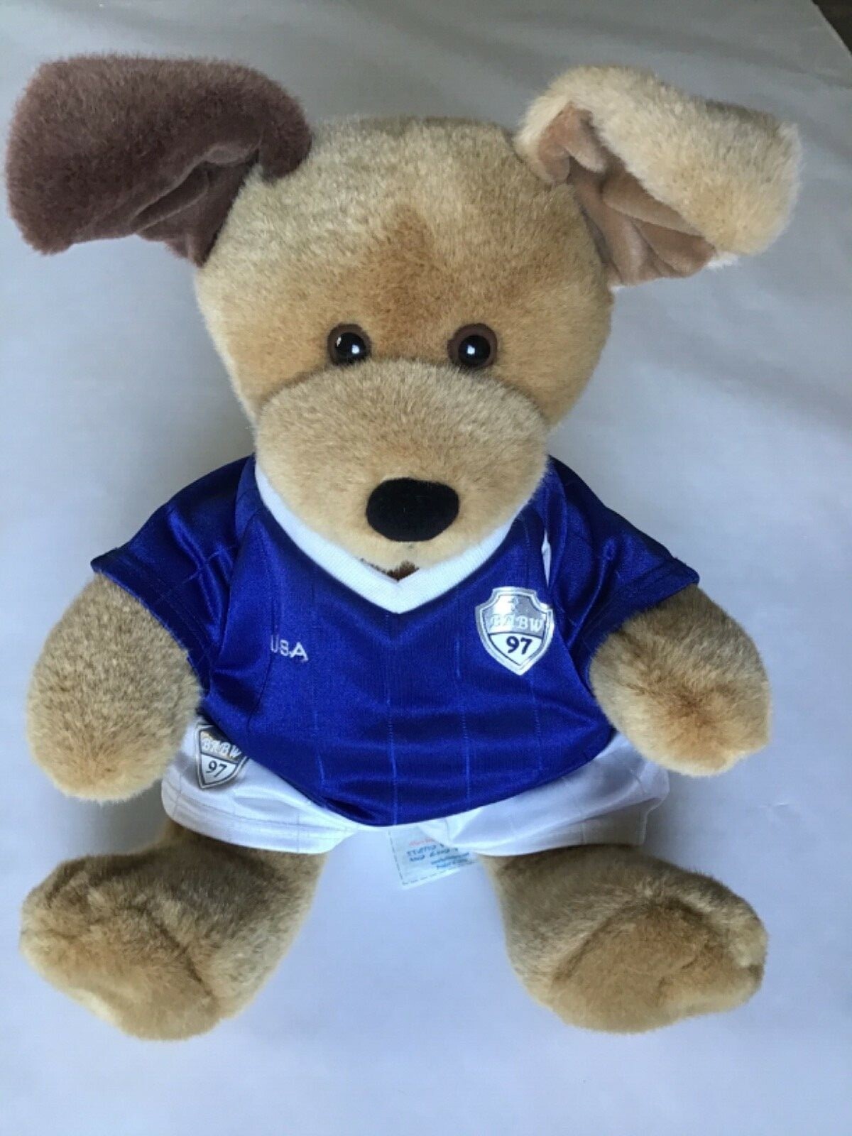BUILD A BEAR 1997 ORIGINAL SOCCER UNIFORM White Blue Jersey 15” Puppy Dog PLUSH