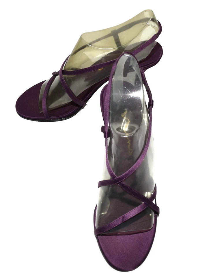 Nina Tela Púrpura Tirantes Punta Abierta Suelas de Cuero Tacones Cordones Talla 7 M Foto 4 de 4