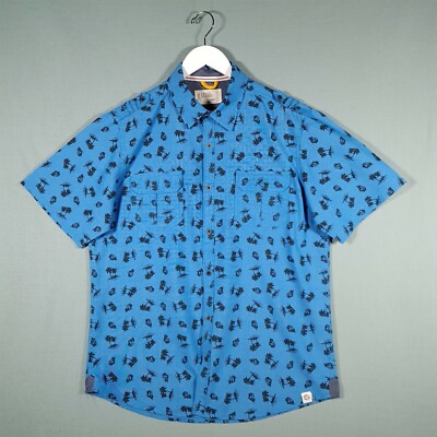 FREE PLANET Hemd Herren Blau Large Kurzarm Knopfleiste Palme