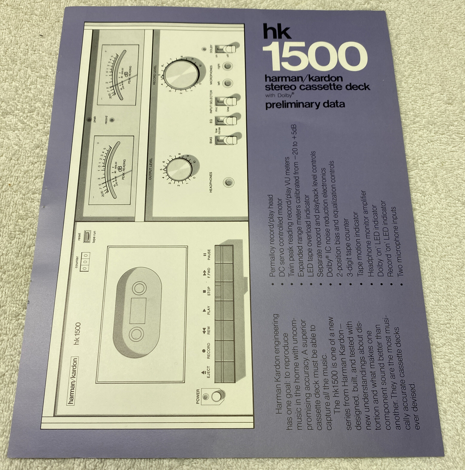 HARMAN KARDON HK 1500 CASSETTE DECK ORIGINAL DATA BROCHURE LEAFLET AD M045y