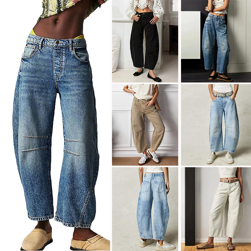 Women Wide Leg Mid Waist Jeans Cropped Mid Rise Barrel Denim Pants Loose Jeans ✲