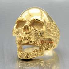 Huge 24K Gold Plated 316L Stainless Steel Skull Rocker Men Ring Bling Shiny Band