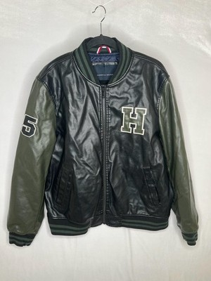 Tommy Hilfiger Jacket Mens Large Black Green Varsity Faux Leather Hilfiger 85