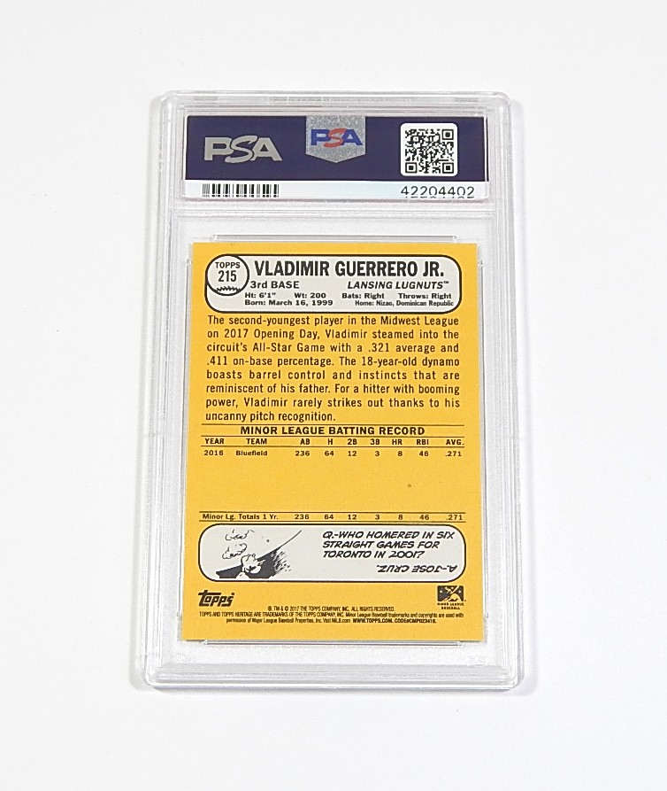 2017 Topps Heritage Minor League Vladimir Guerrero Jr. RC #215 PSA 9 view 2