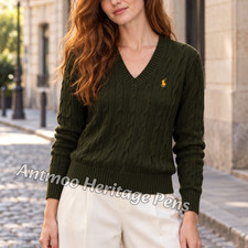 POLO RALPH LAUREN Women  s Olive Green Cable Knit V-Neck Sweater Size M NWT