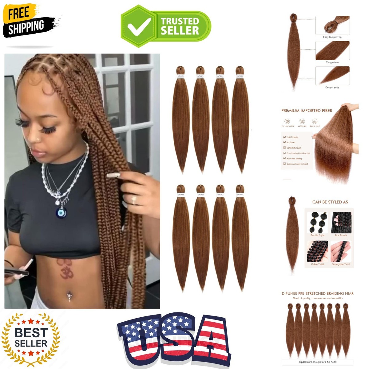 Pre-stretched Braiding Hair - 24 Inch 8 Packs Brown Braiding Hair 