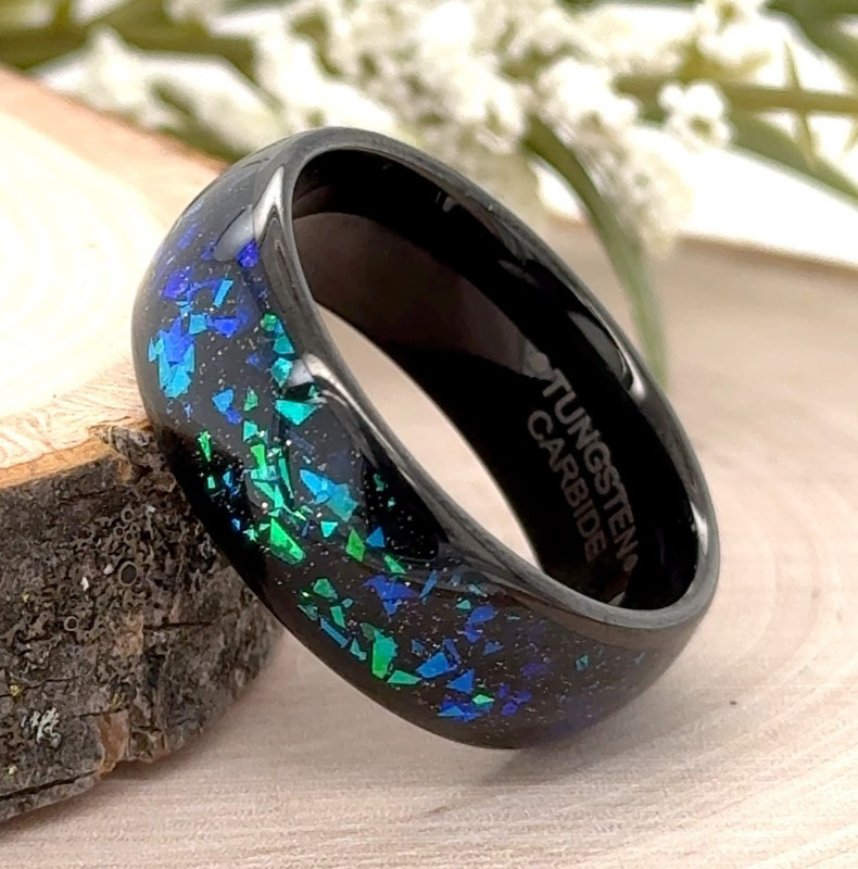 8mm Polished Black Tungsten Ring Blue Green Glitter Inlay Band for Christmas Gif