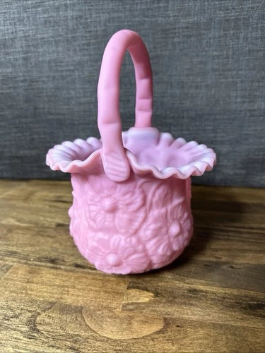 Fenton Rose Satin Glass Poppy Basket 1970s