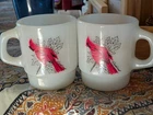 Pair Vintage MCM Fire King White Glass Mug anchor hocking Cardinal Bird