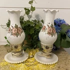 Vintage Set Of 2 Milk Glass Hurricane Lamp 12.5"  Painted  Floral Cottage Core