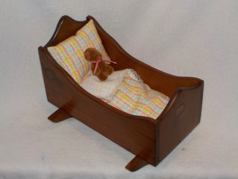 Vintage 8 X 10 X 5 Wooden Doll Cradle W/Bedding & Teddy Bear