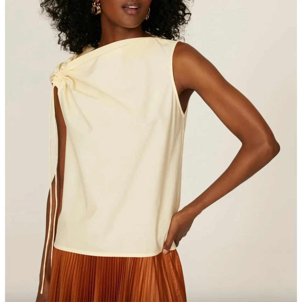 Top acanalado amarillo mantequilla Tori Burch TALLA 8 popelina cuadrada algodón diseñador $348 Foto 2 de 4