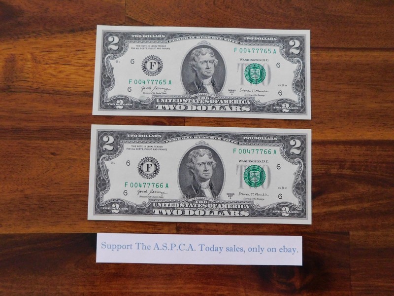 Lot of 2 US $2 Dollar Bills Real uncirculated Low Serial number note F05Ak #88.