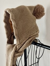 New Cozy Warm Brown Adult Size Cable Knit Hat w/ Scarf Faux Fur Pom Poms