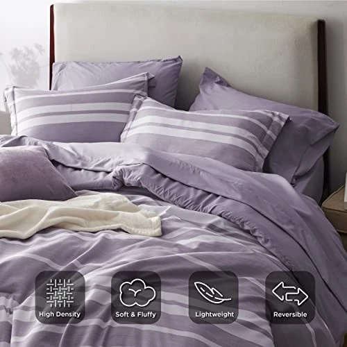  Conjunto de edredom queen size 7 peças, conjunto de cama listrado roxo para cama queen size  - Imagem 4 de 4
