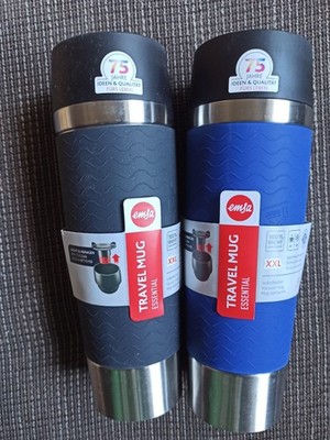 2 x Emsa Travel Cup Mug Isolierbecher dunkelgrau + blau, 0,5l XXL Neu UVP 79,98