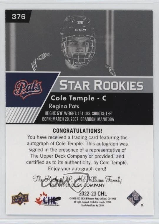 2022-23 Upper Deck CHL Star Rookies Auto Cole Temple #376 Auto - Image 2 of 2