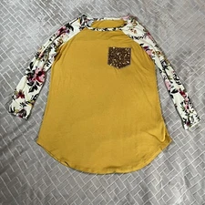 Be Stage Womens Small Shirt Long Raglan Sleeve Mustard Yellow Floral Gold Sequin