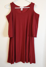 Womens Planet Gold Dress Size MED Red Cold Shoulder Elbow Sleeve Round Neck