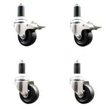 3.5 Inch 316SS Hard Rubber Swivel 1-3/8 Inch Stem Caster Set 2 Lock Brake SCC