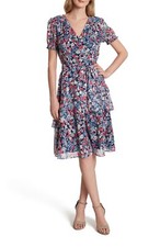 Tahari Womens Navy Vneck Short Sleeve Tiered Multicolor Surplice Dress NEW 2