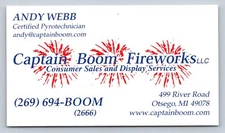 2010s 2020s Business Card Captain Boom Fireworks Otsego MI Vtg